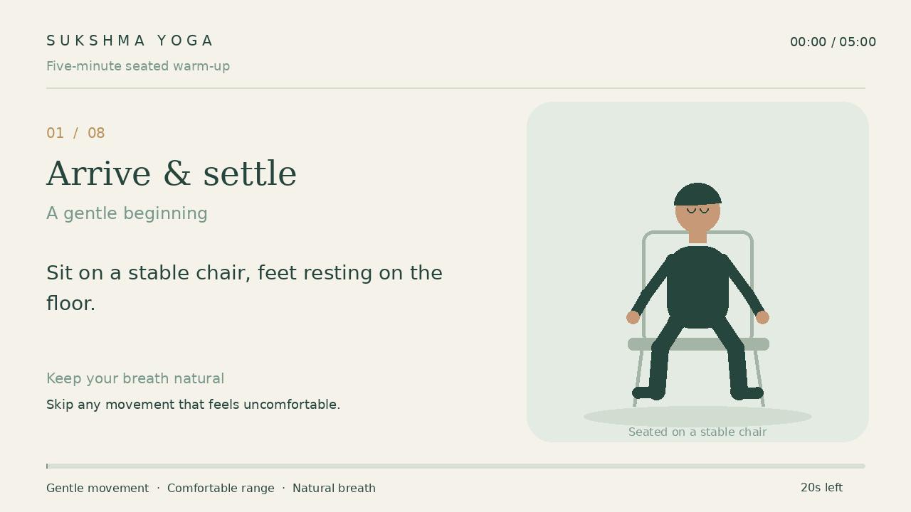 Illustrated seated warm-up with gentle movement cues