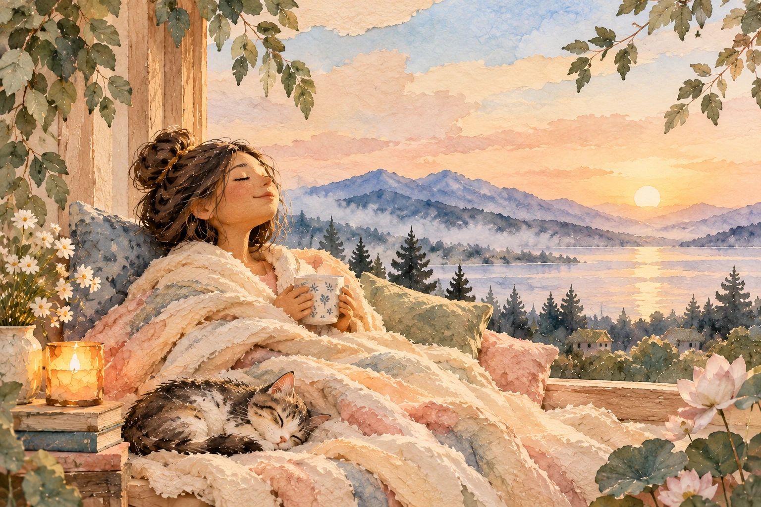 A woman resting beneath a soft blanket, with a sleeping cat, a lotus and sunlight over a lake.